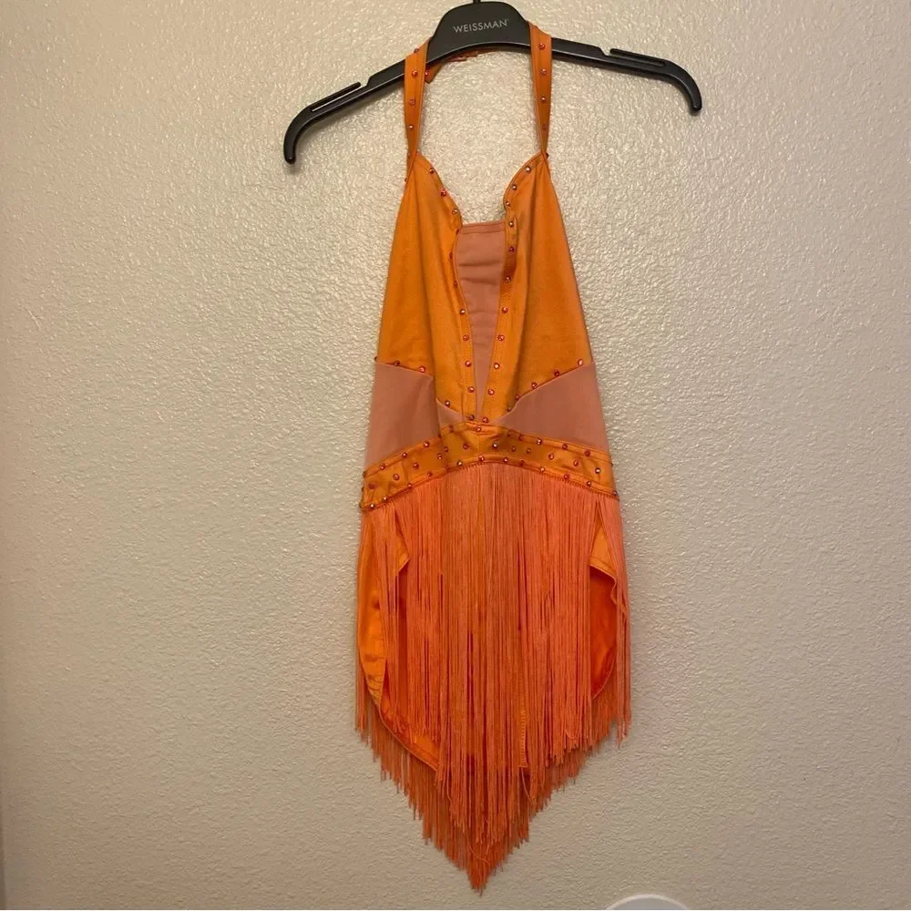 Weissman solo dance costume orange LUSTRE FRINGE HALTER DRESS D11359 SA adult